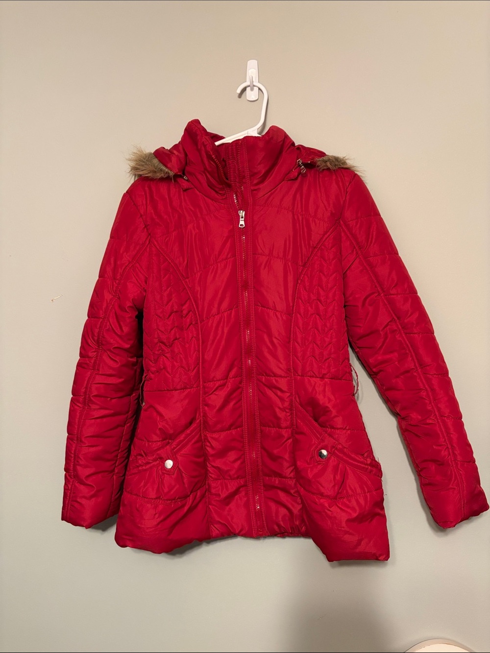 Rampage Women's Red Quilted Puffer Jacket with Faux Fur Hood Trim